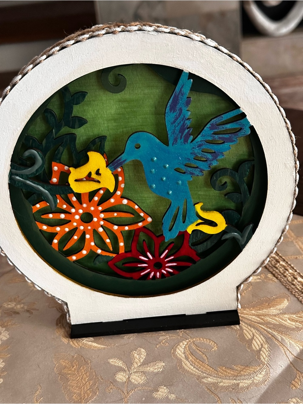 Hand Crafted Blue Hummingbird with Orange & Yellow Flowers 3d Shadow Box decor - Picture 11 of 15